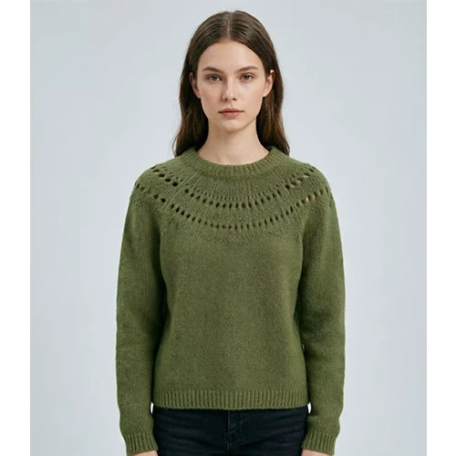 Green Openwork Yoke Crew Neck Sweater